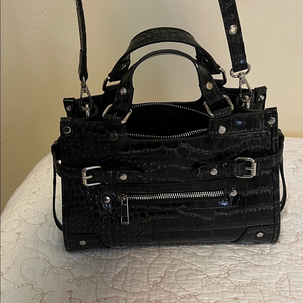 Bershka Black Croc-Embossed Satchel